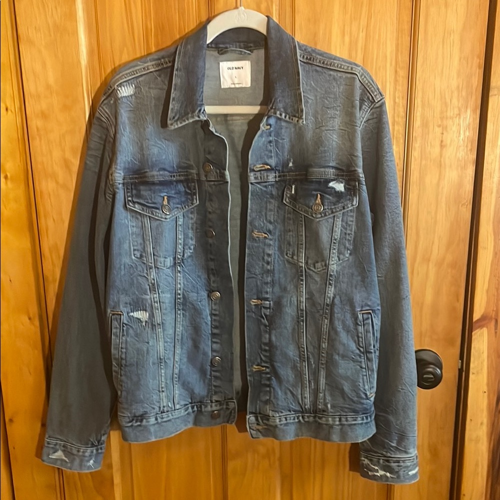 Old Navy Mens Spring Destroy Distressed 
Denim Trucker Jacket, Sz Lg, EUC